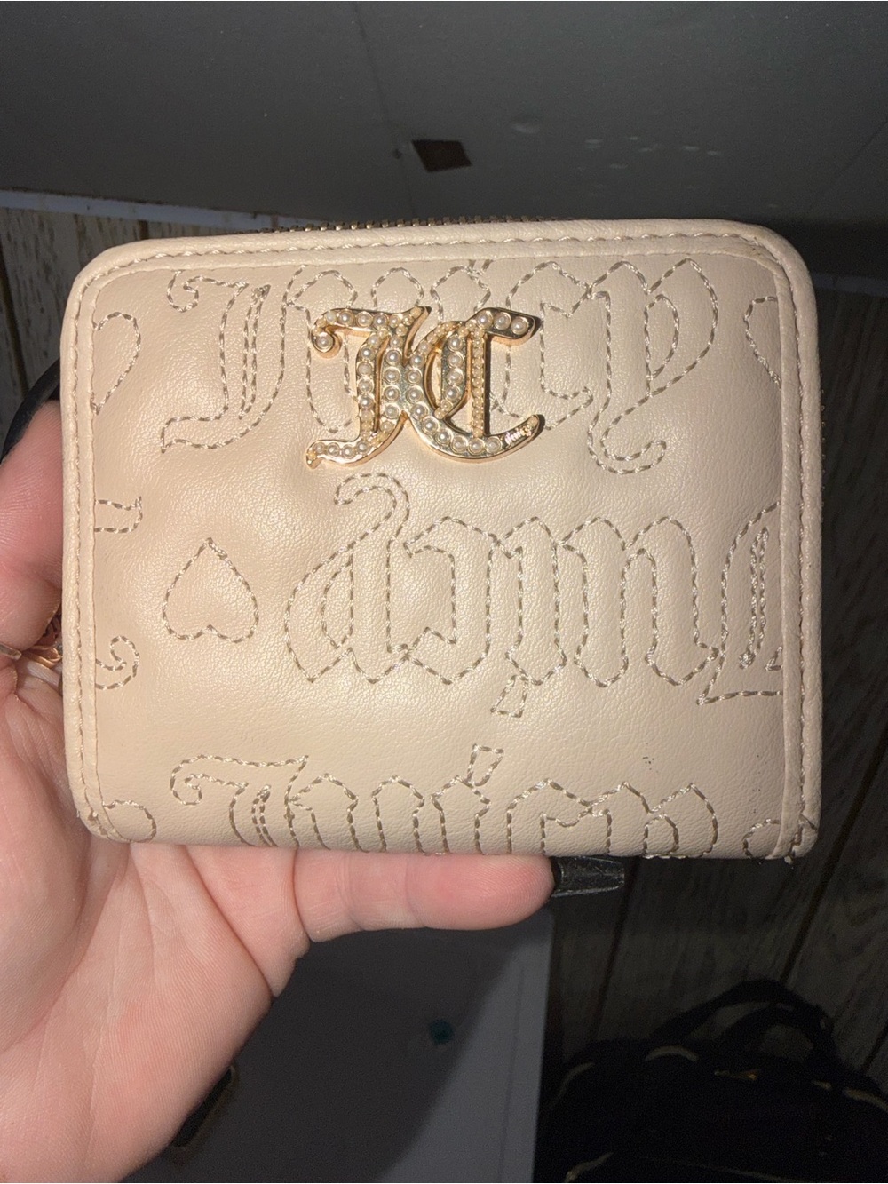 Juicy Couture Nude Quilted Logo Zip-Around Wallet with Crystal JC